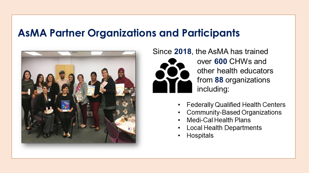 AsMA Partner Organizations and Participants: Since 2018, the AsMA has trained over 600 CHWs from 88 organizations.