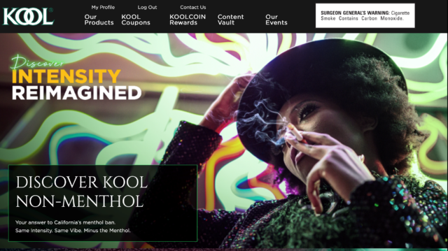 On a Kool web page, a fashionably dressed young woman touches her hat and smokes a cigarette. Beside her appear the words “Disco