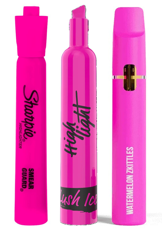 A pink highlighter and two vaping products that resemble it are lined up next to each other.
