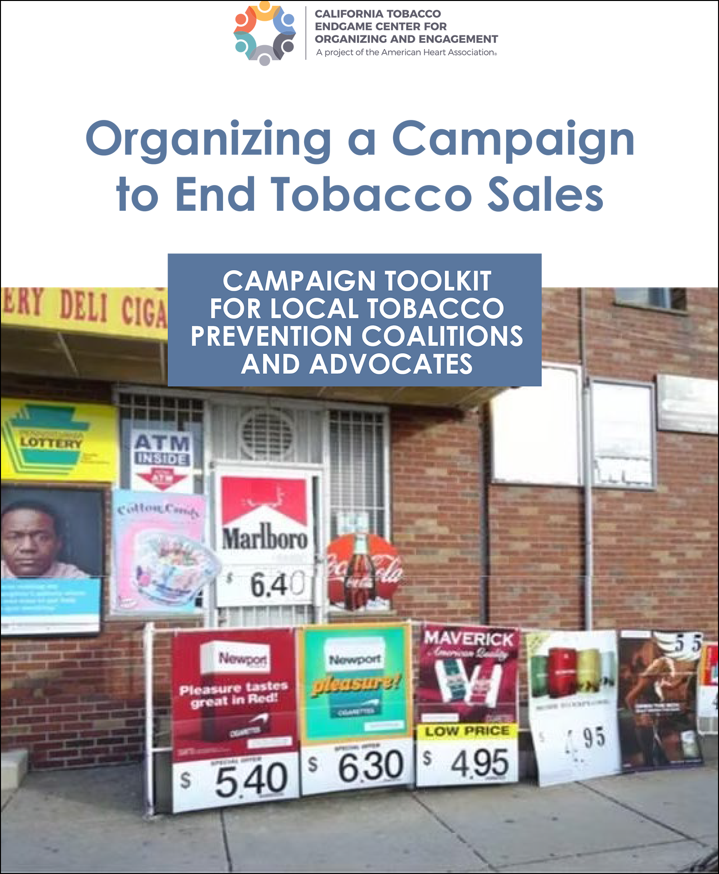 The cover of a toolkit entitled “Organizing a Campaign to End Tobacco Sales" shows the outside of a store with severaltobaccoads