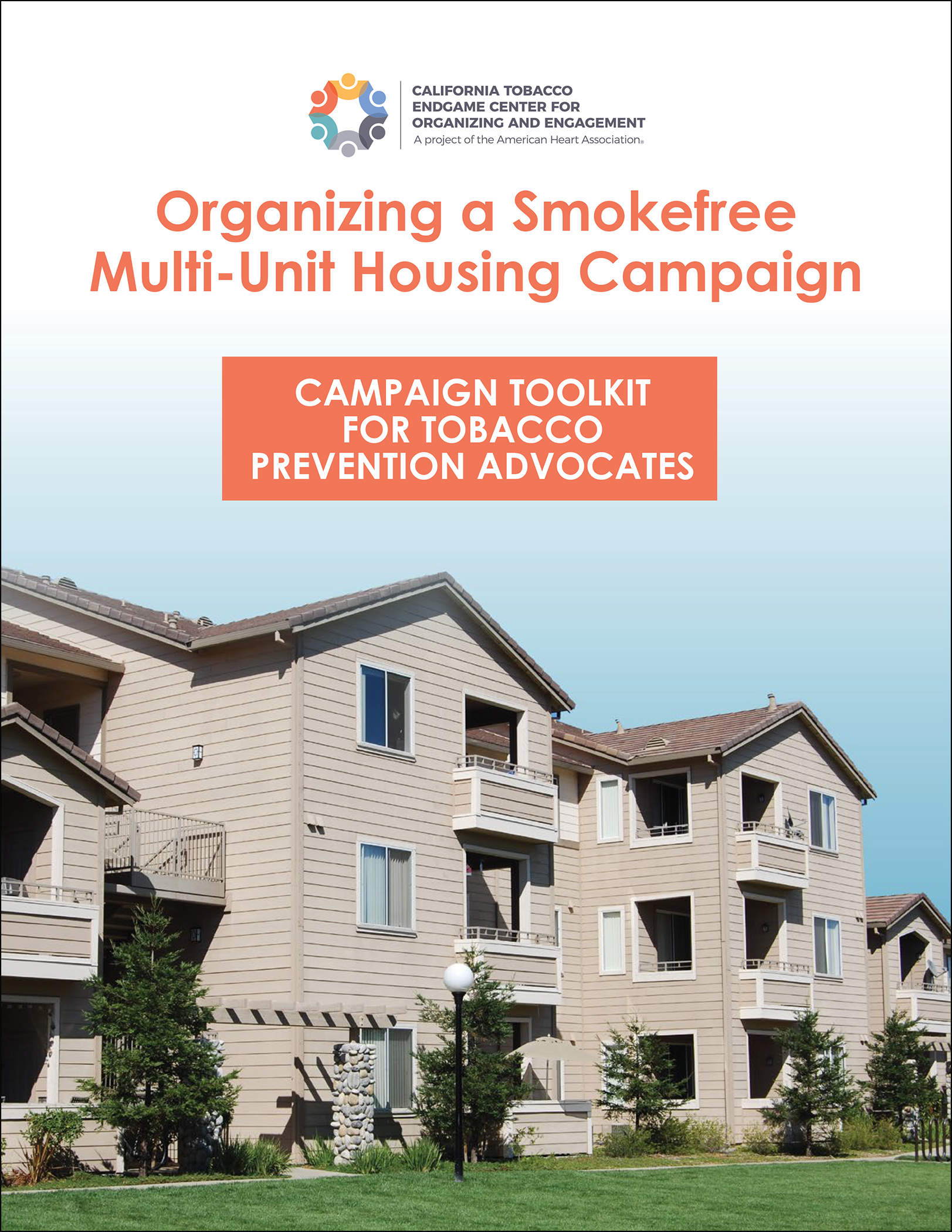 The cover of a toolkit entitled “Organizing a Smokefree Multi-Unit Housing Campaign" shows a three-story apartment building.