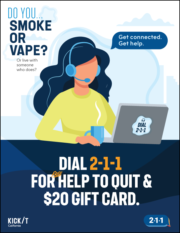 An infographic shows a staff member taking phone calls, with the words, “Do you smoke or vape?... Dial 2-1-1 for free help to qu