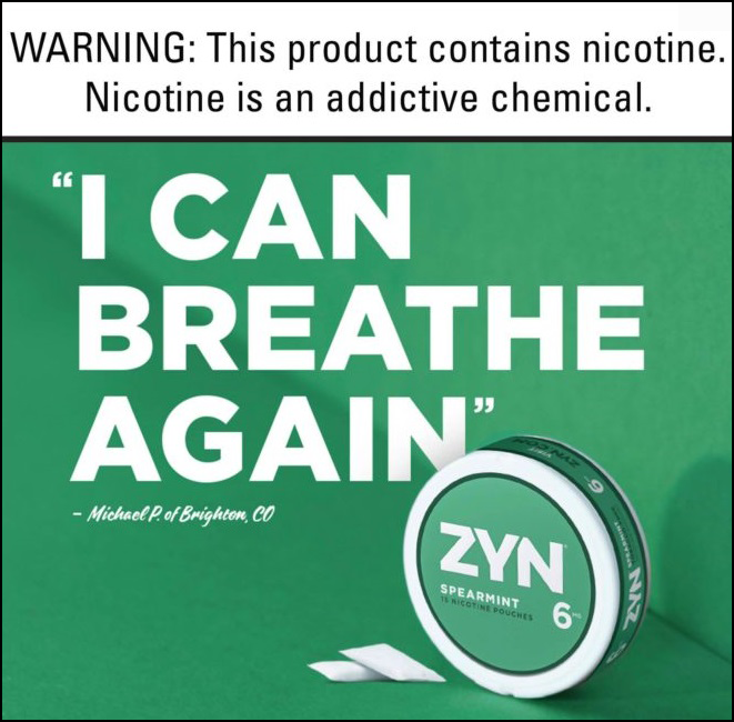 Social media post touting ZYN nicotine pouches as a healthier alternative to cigarettes. 