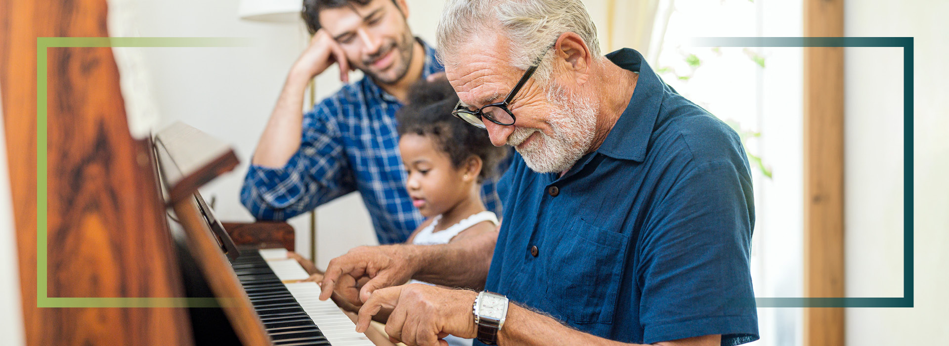 Three people playing on the piano