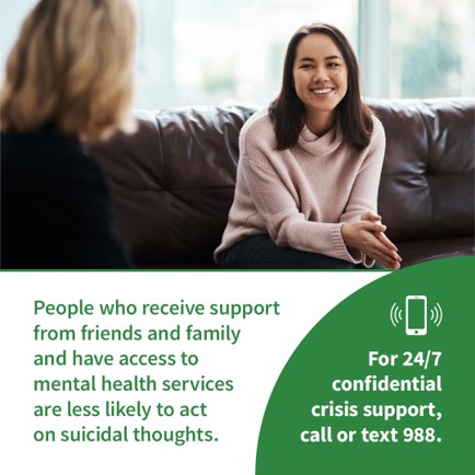 Photo of a young woman having a therapeutic session with a psychologist. Text overlay states "People who receive support from fr