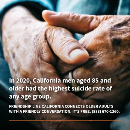 Closeup image of an older adult males hands clasped in their lap. Text overlay states "In 2020, California men aged 85 and older