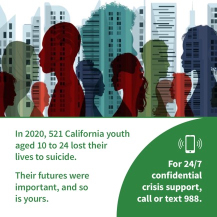 Illustration of multiple silhouettes in profile. Text overlay states "In 2020, 521 California youth aged 10 to 24 lost their liv