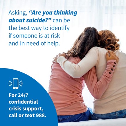 Rearview of mother consoling daughter, sitting on a bed. Text overlay states "Asking, "Are you thinking about suicide?" can be t