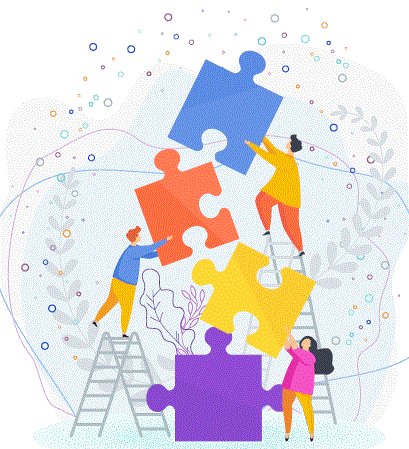 Three people connect pieces of a large puzzle together which is going up vertically. 