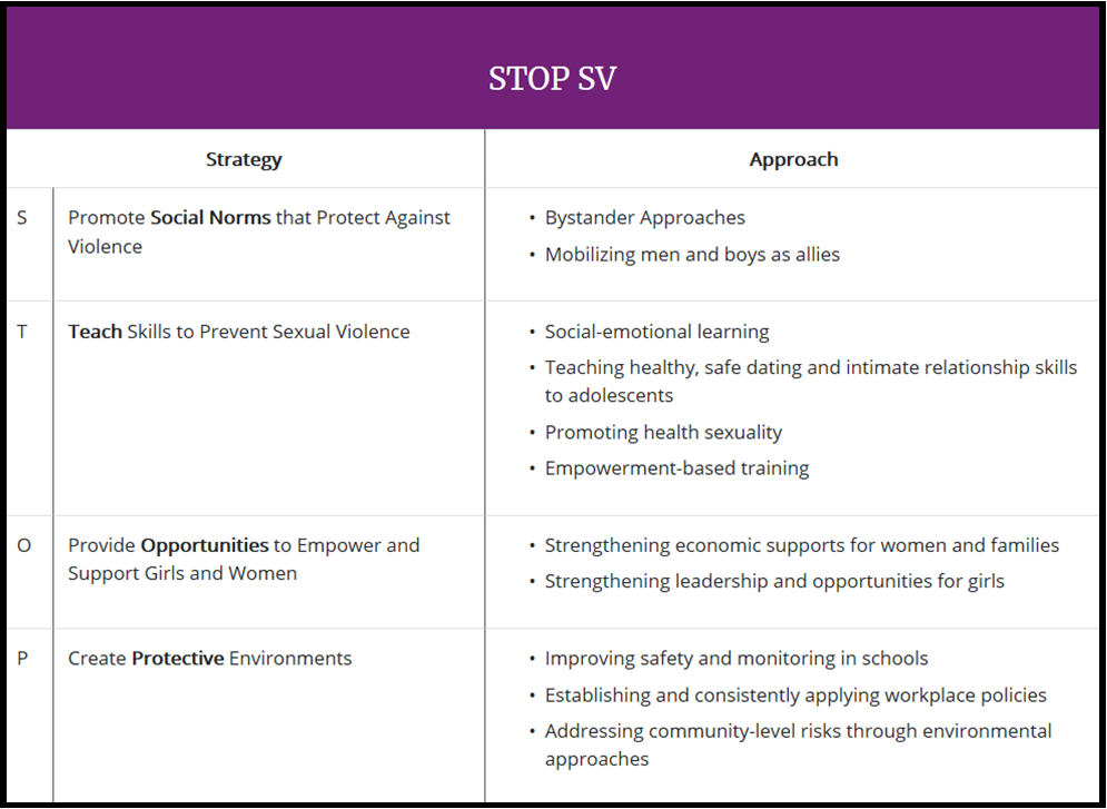 Table of the CDC's Stop Sexual Violence Stategies and Approaches