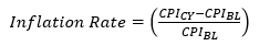 Inflation Rate=((〖CPI〗_CY-〖CPI〗_BL)/〖CPI〗_BL )