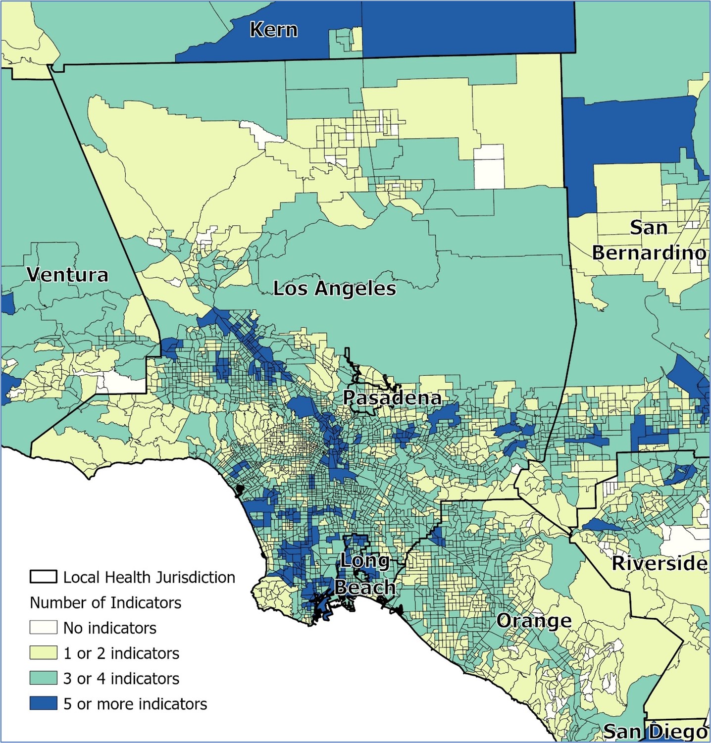 Map 2: Los Angeles area local health jurisdictions' census tracts by number of geospatial indicators of risk for childhood lead