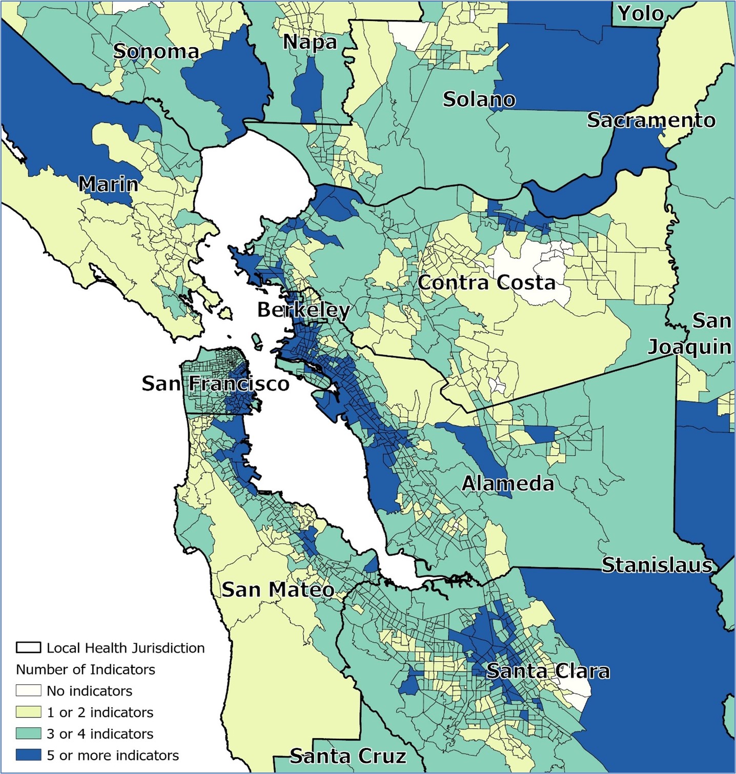 Map 3: Bay Area local health jurisdictions' census tracts by number of geospatial indicators of risk for childhood lead exposure