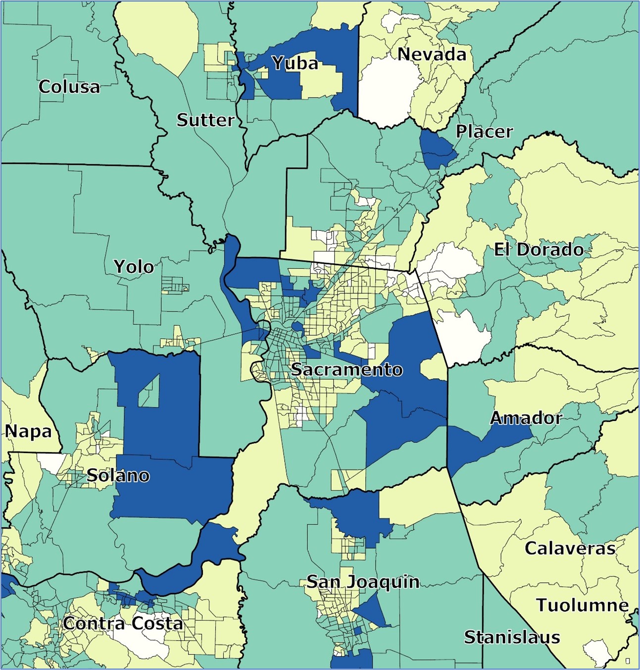 Map 4: Sacramento area local health jurisdictions' census tracts by number of geospatial indicators of risk for childhood lead