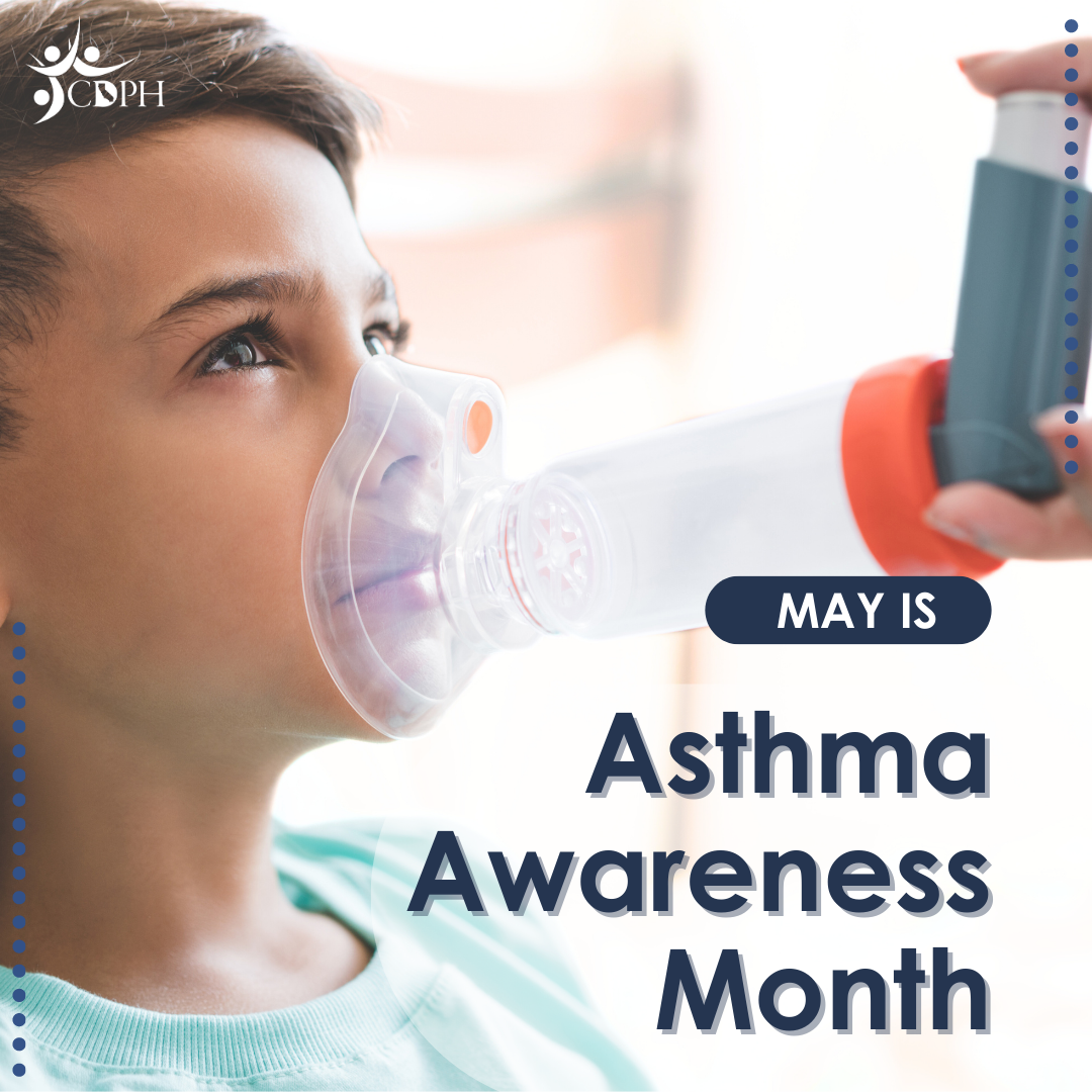 Child using an inhaler with chamber with text overlay “May is Asthma Awareness Month.”