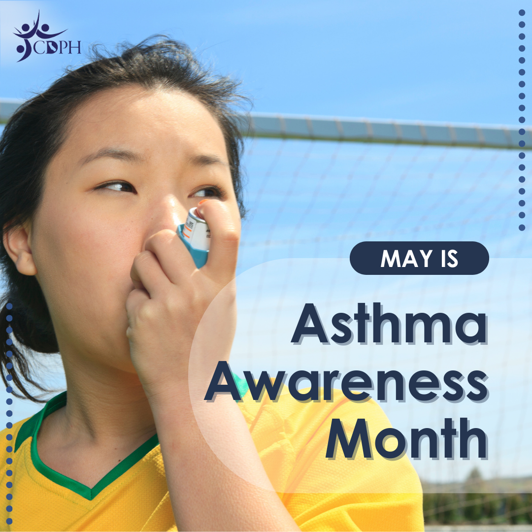 Teenager using an inhaler in front of a goal post with text overlay “May is Asthma Awareness Month.”
