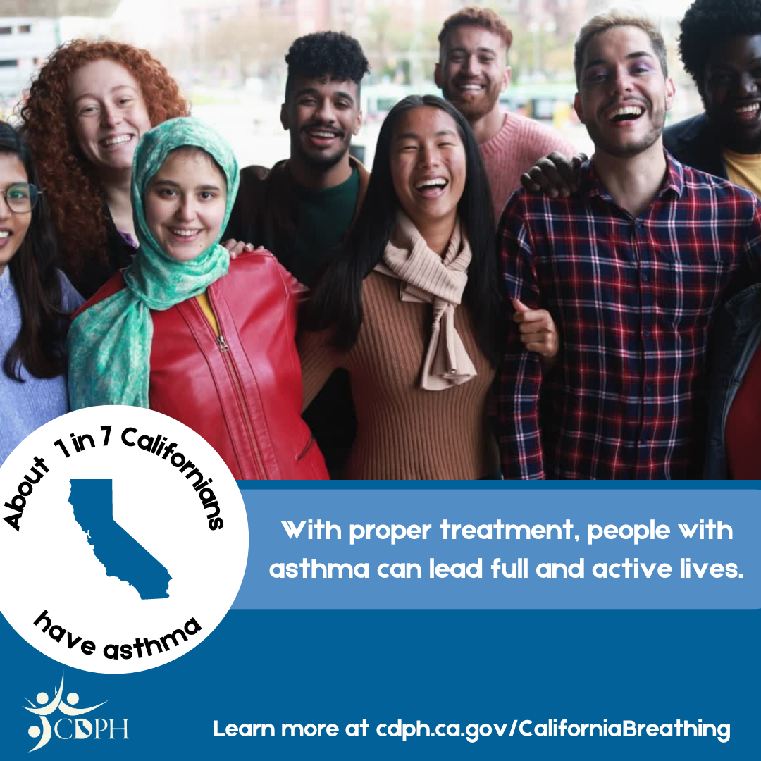 Group of smiling people with text overlay “About 1 in 7 Californians have asthma.”