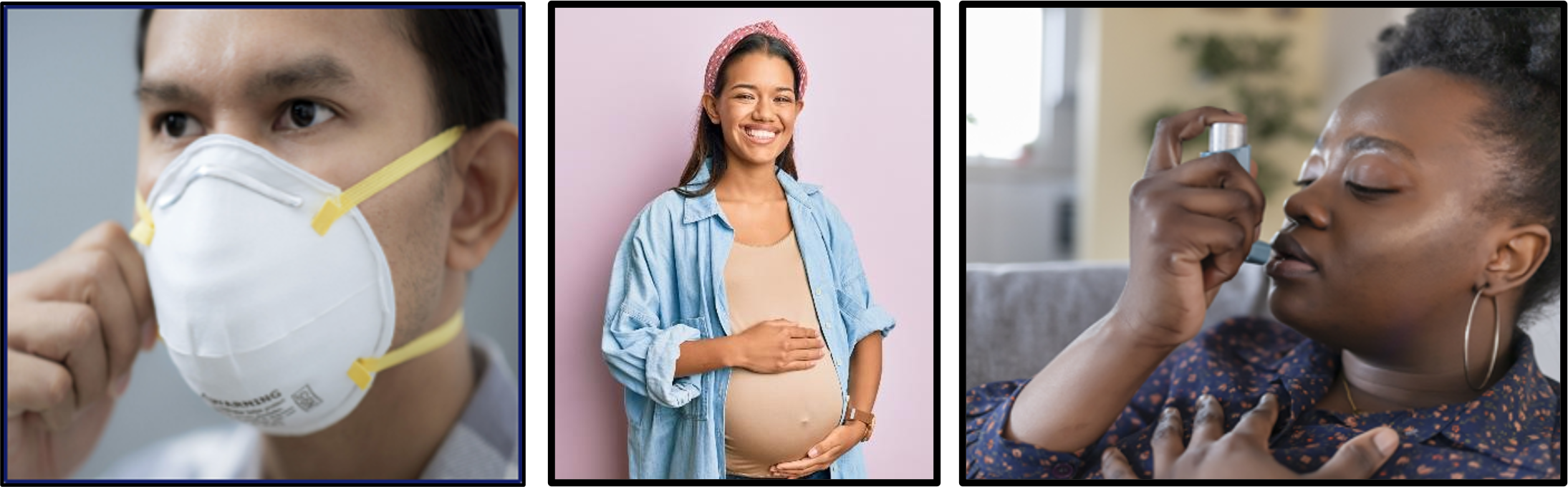 Person wearing an N95 mask, a pregnant person, and someone using an inhaler