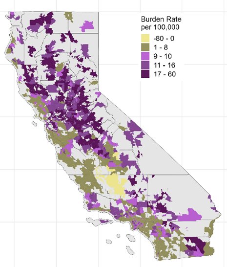 Calfiornia map showing potential ER visit increases because of prescribed fire in future
