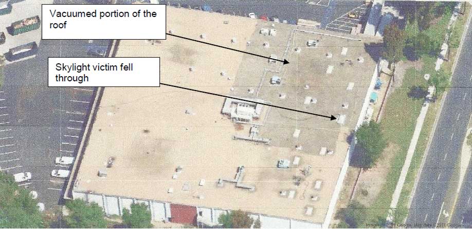 Satellite image of warehouse rooftop with captions indicating vacuum cleaner and skylight that worker fell through.