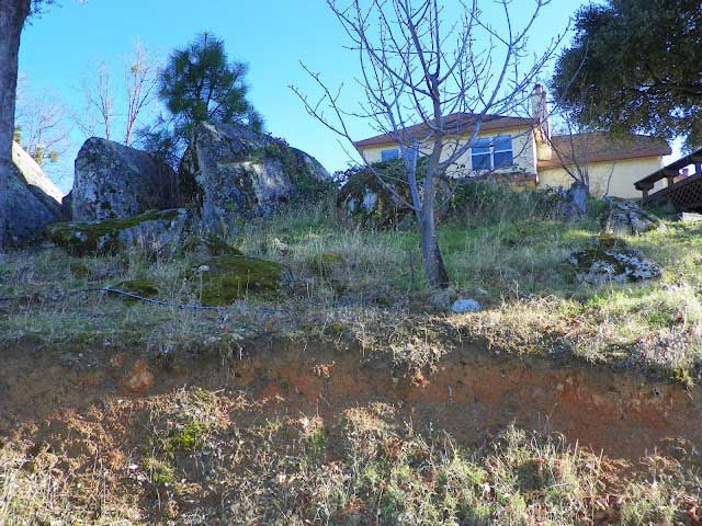 The steep, rocky, grassy backyard hillside where the wood chipper was located.
