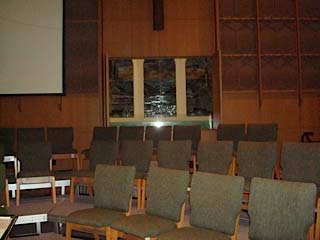 A view of the baptismal font behind the main worship sanctuary