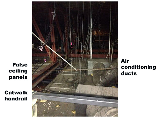 The catwalk hand rail, air conditioning duct, and false ceiling panels where the incident occurred far above the stage.
