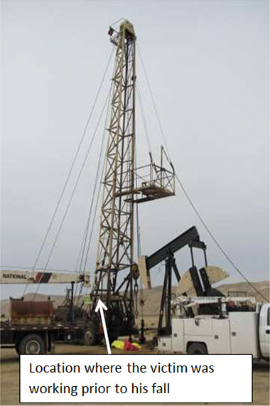 Photo with text overlay pointing to the location in the lower part of the rig where the floor hand was before he fell.