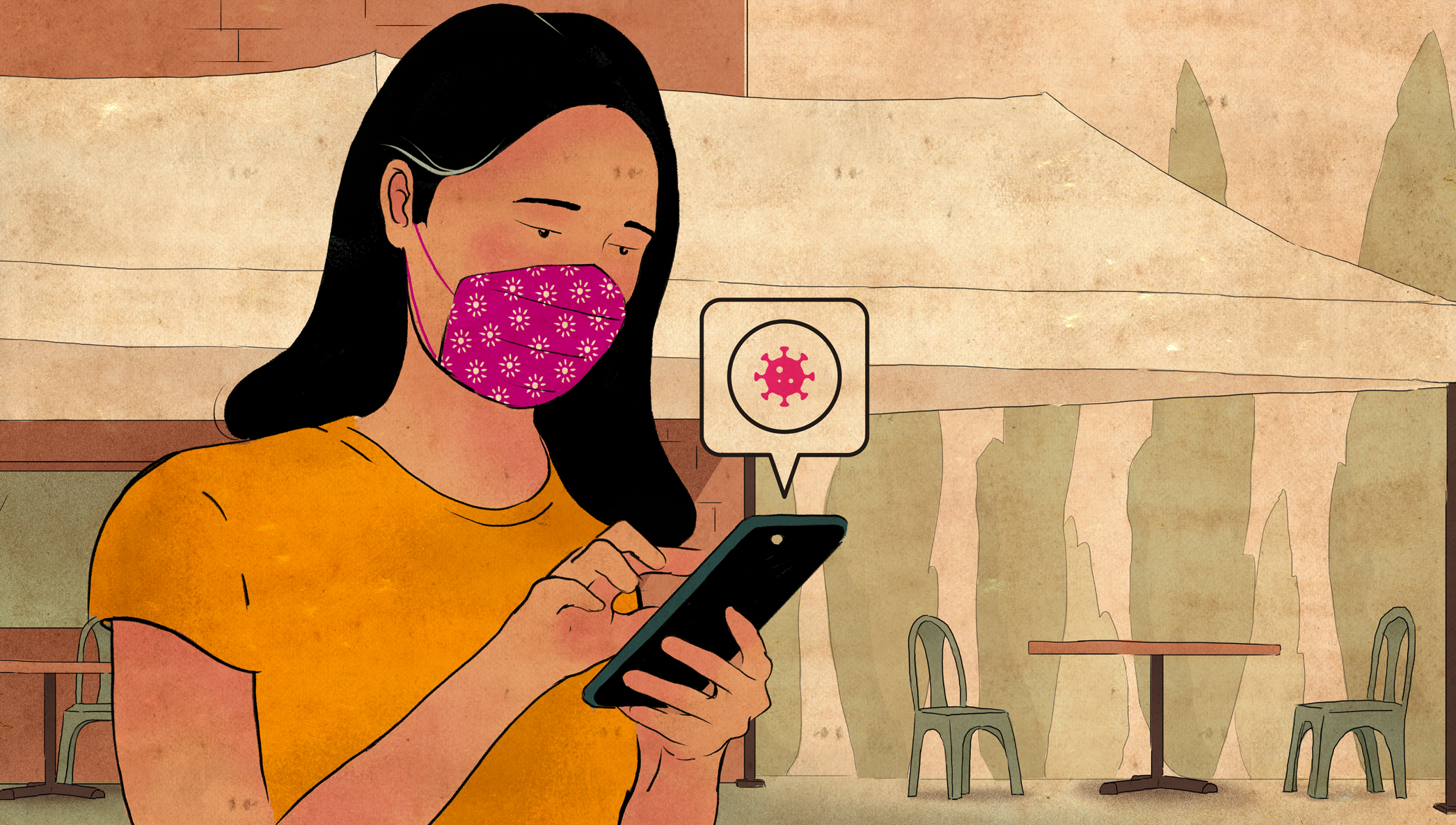 Masked woman receiving alert