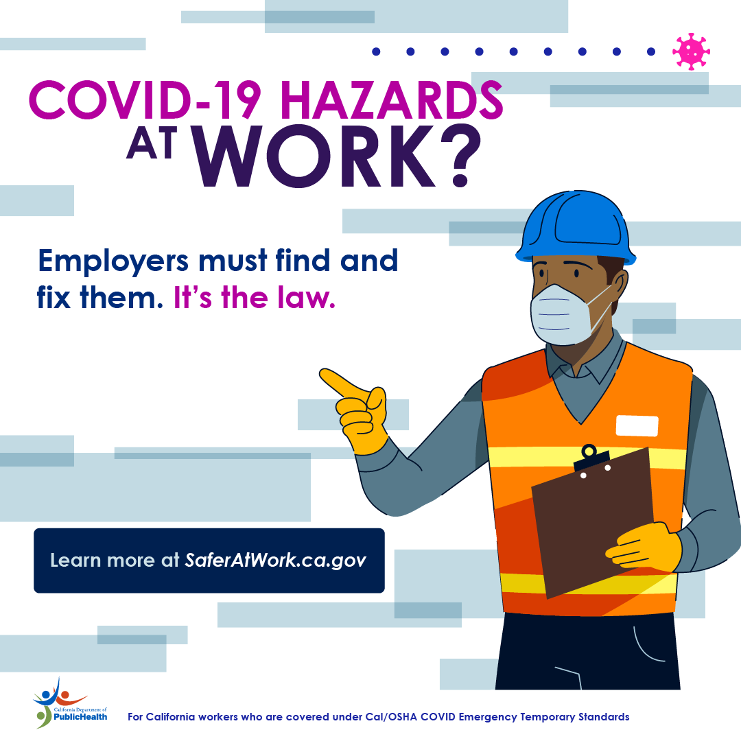 A construction worker wearing a mask points to a potential COVID-19 hazard. COVID-19 hazards at work? Employers must find & fix