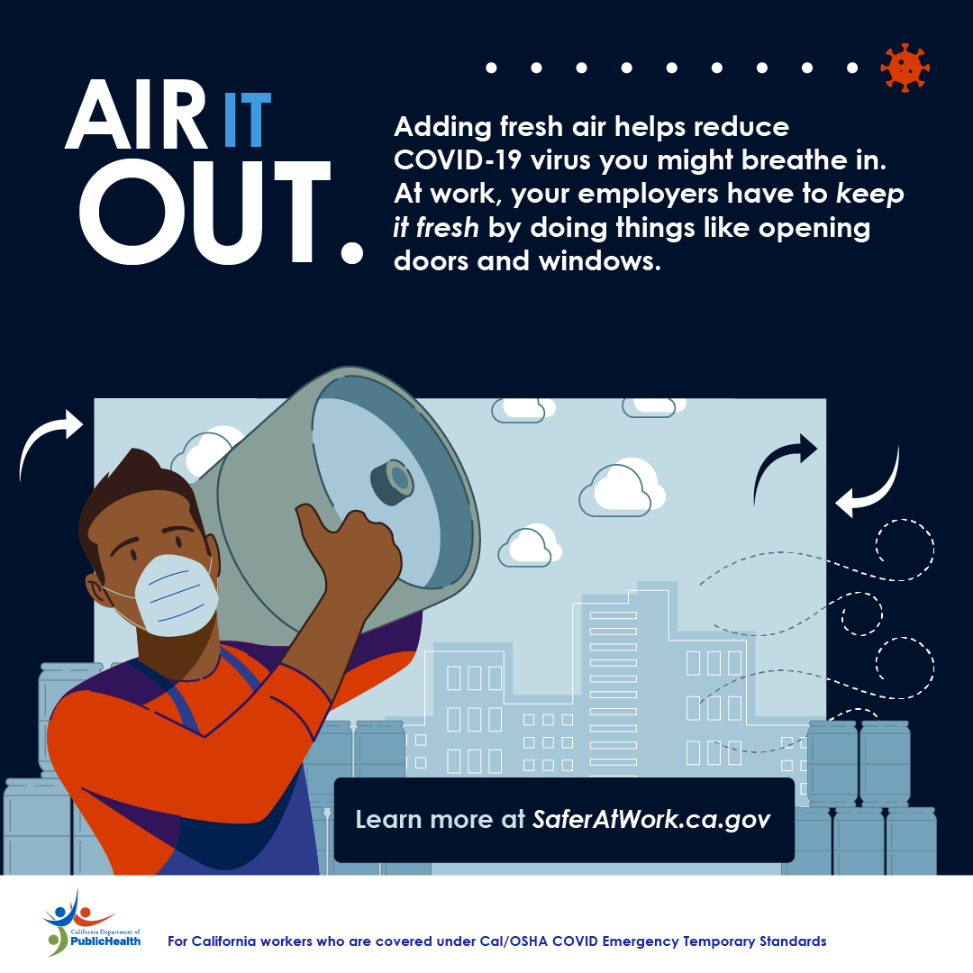 Worker enters warehouse. Text: Air it out. Adding fresh air helps reduce COVID-19 virus you might breathe in …