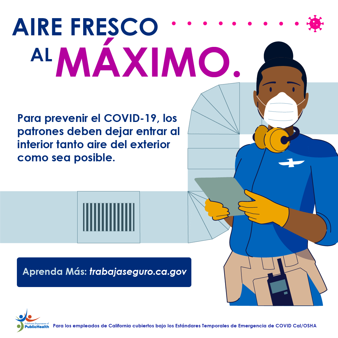 Trabajadora revisa la ventilación. Texto: Aire fresco al máximo. Para prevenir el COVID-19, los empleadores deben dejar entrar al interior tanto aire del exterior como sea posible.