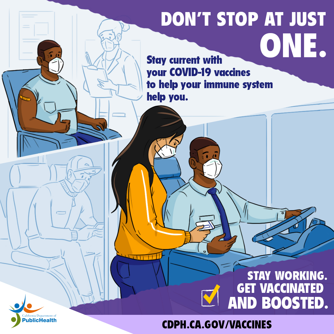 Man getting vaccinated then later back at work. Text: Don't stop at just one...