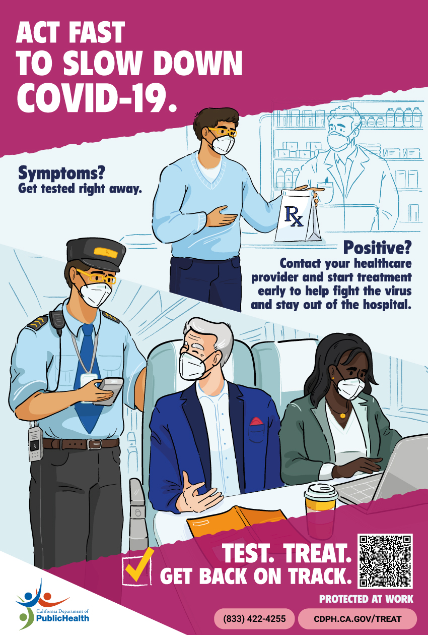 Man picking up prescription. In another scene, he is seen at work collecting tickets on a train. Text: Act fast to slow down COVID.
