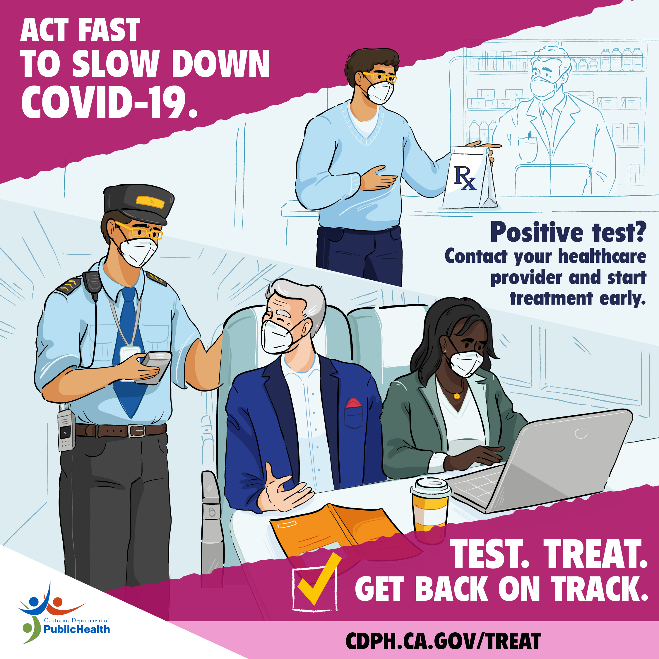 Man picking up prescription. In another scene, the same man is seen at work collecting tickets on a train. Text: Act fast to slow down COVID-19