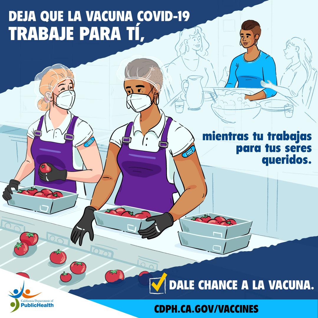 Trabajadores en un empacador de tomates. Texto: Deja que la vacuna COVID-19 trabaja para ti mientras tu trabajas para sus seres queridos...