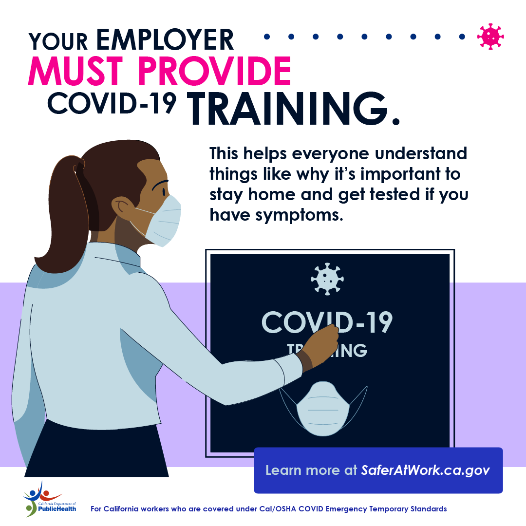 Woman views COVID-19 training plan. Text: Your employer must provide COVID-19 training. This helps everyone understand…