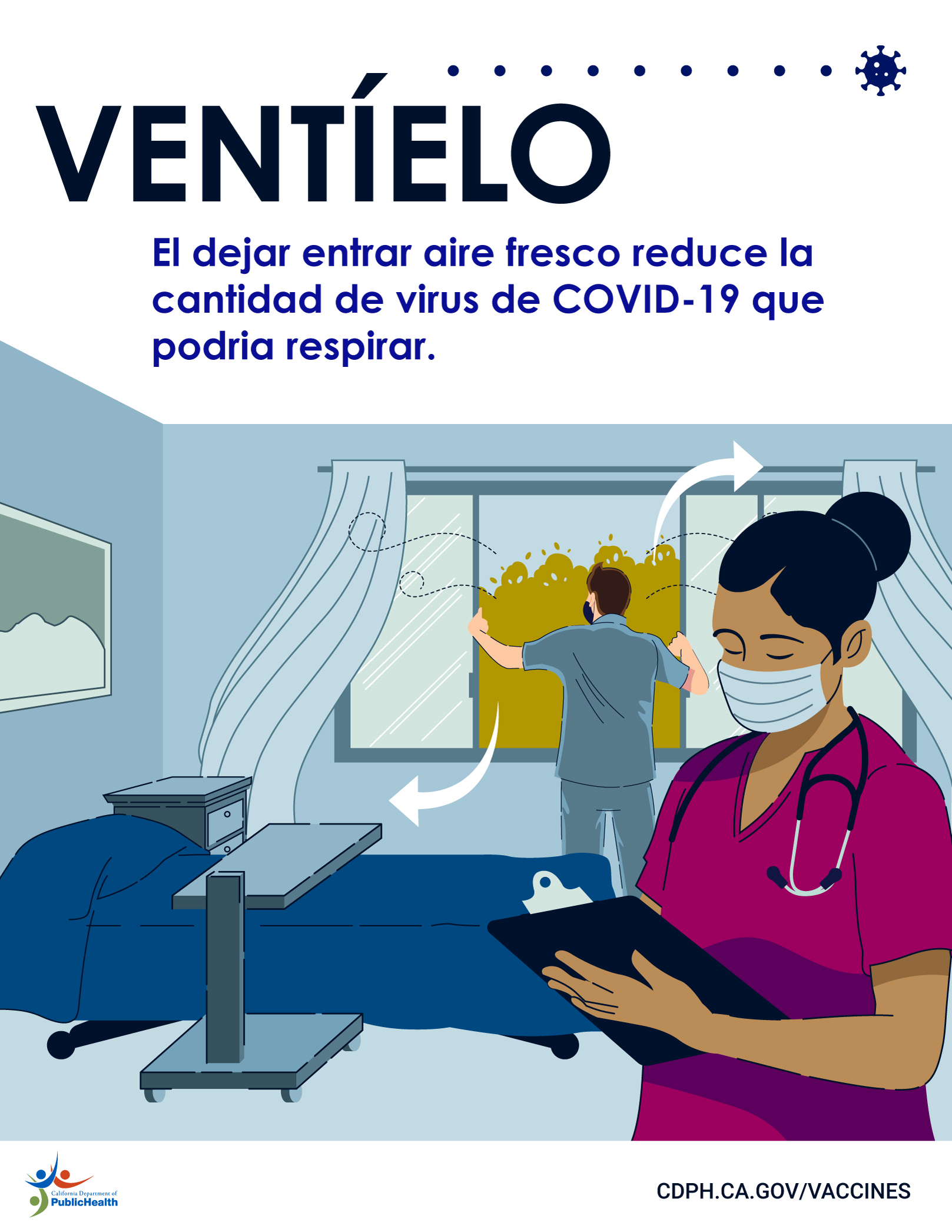 Trabajadores abriendo la ventana en un centro de enfermería especializada. Texto: Ventielo: el dejar entrar aire fresco reduce la cantidad de virus COVID-19