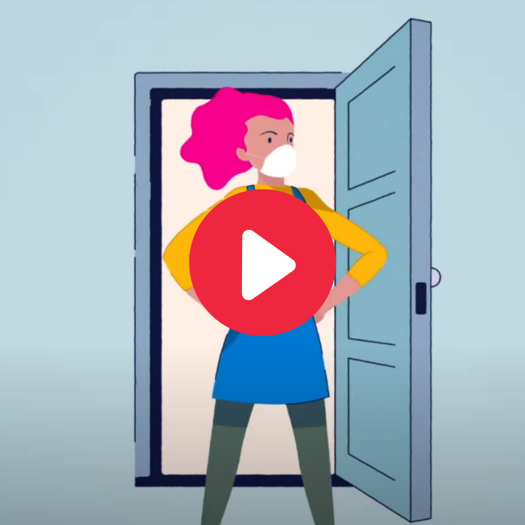 woman in front of open door with hair blowing in the breeze; live link to watch video