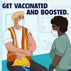 A male construction worker wearing a mask while getting vaccinated. A woman sitting at a table reviewing her prescriptions A man on a train with a mask on.Logo: California Department of Public Health
