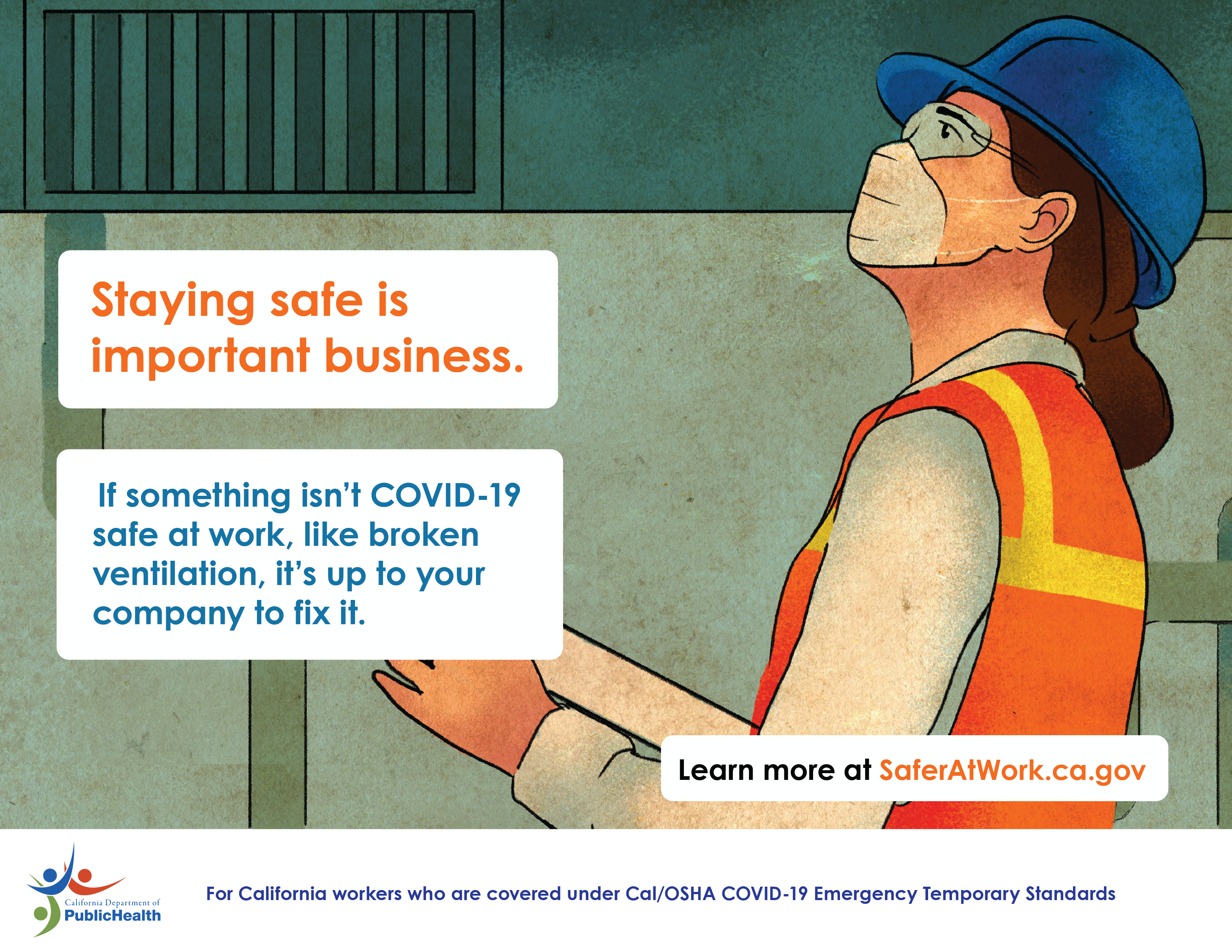 Inspector inspects vents in a building. Text: Staying safe is important business. If something isn't COVID-19 safe at work ...