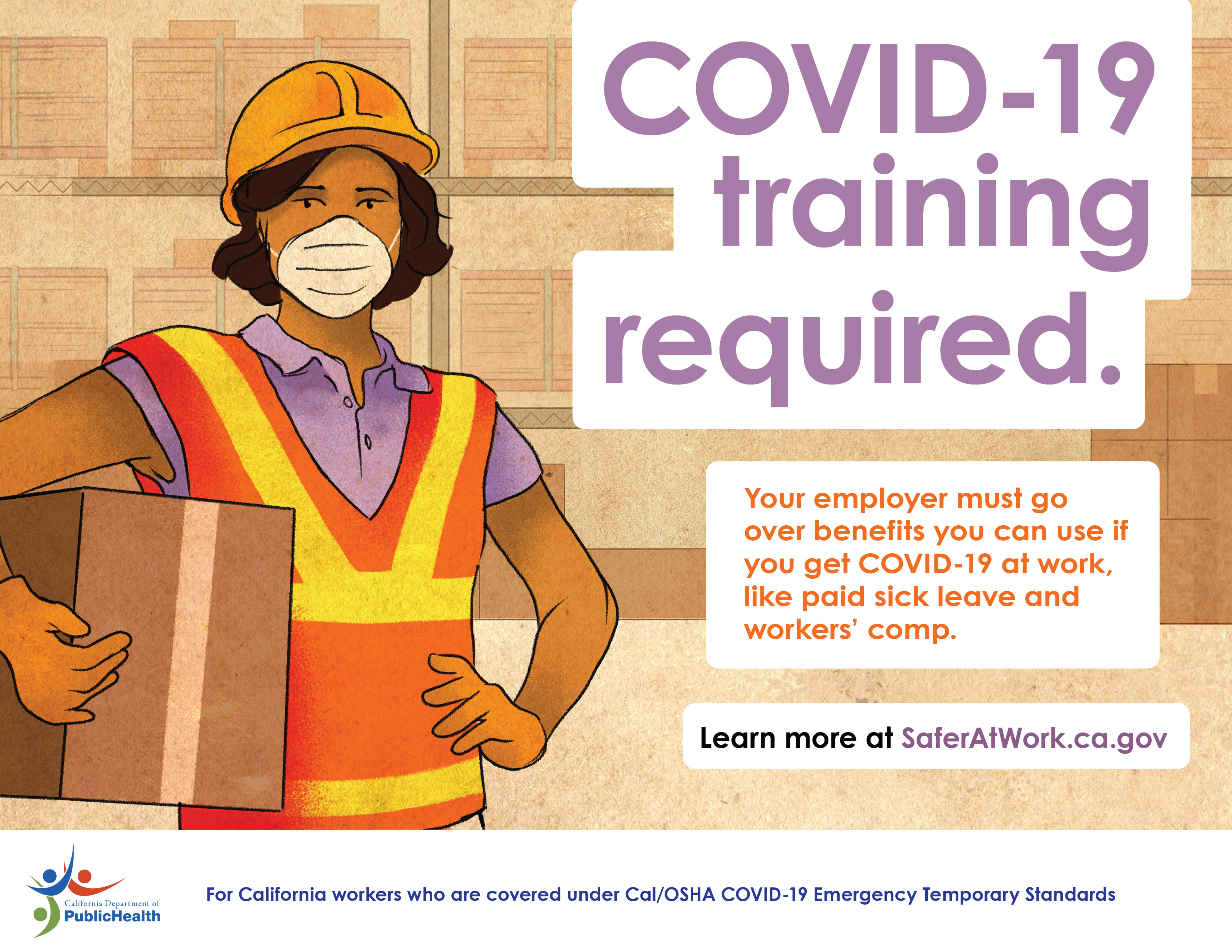 Warehouse worker at work. Text: COVID-19 training. Text: Your employer must go over benefits you can use if you get COVID-19 at work ...