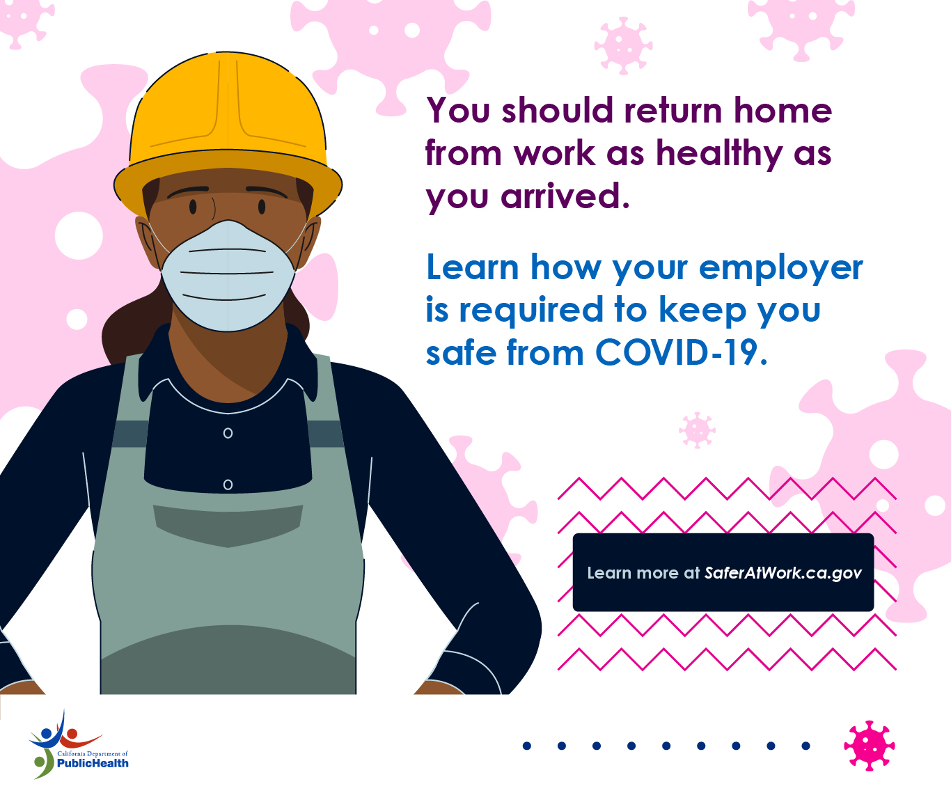 worker in hard hat and face mask; Text: You should return home from work as healthy as you arrived.