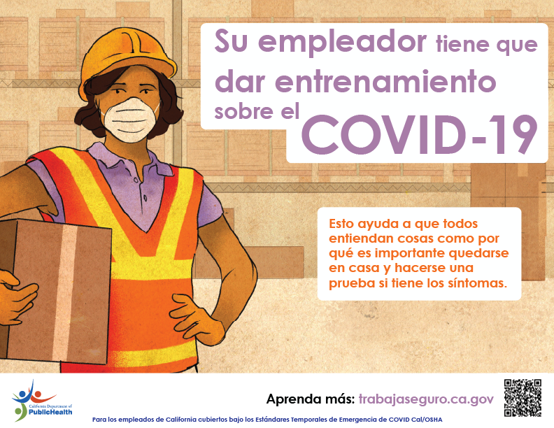 Trabajadora de almacen. Texto: Su empleador tiene que dar entrenamiento de COVID-19.