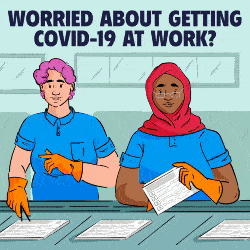 A woman wearing gloves works on an assembly line where papers pass by on a conveyer belt. Above her it says: “WORRIED ABOUT GETTING COVID AT WORK?”  She picks up a piece of paper and the camera zooms in on it and zooms out showing a hand holding a COVID-19 Vaccination Card. To the right of the hand, it says: “THERE’S SOMETHING THAT CAN HELP WITH THAT”.  Then the words on the card disappear and are replaced with the California Department of Public Health logo and the website: cdph.ca.gov/long.