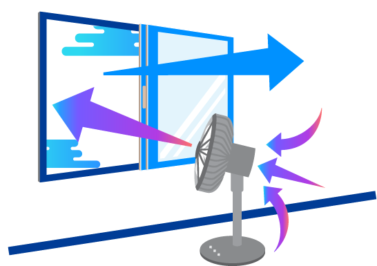 	portable fan pushing indoor air out while fresh air enters through the open window