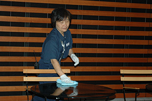 A woman cleans a table with microfiber instead of disinfectants.