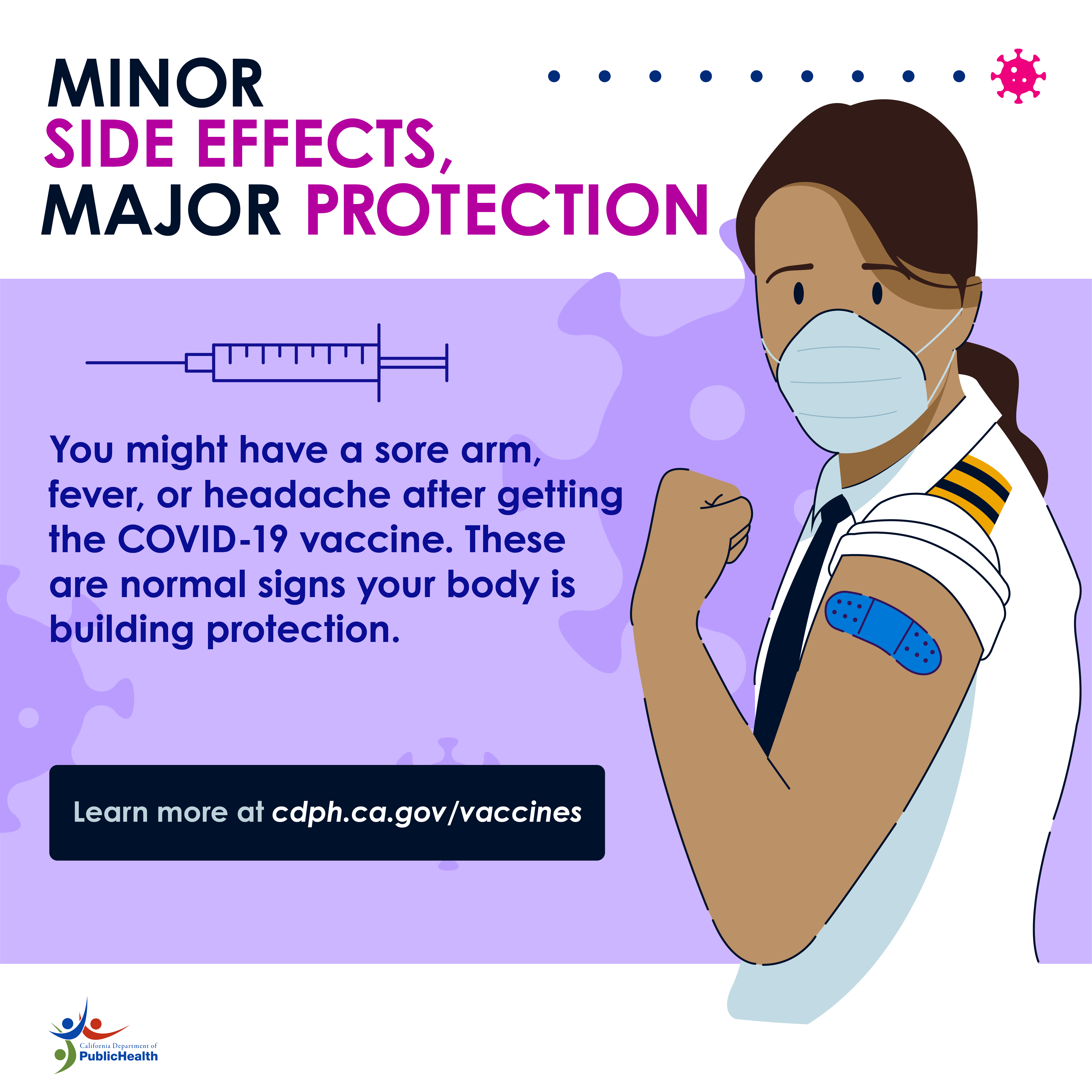 Woman in facemask holding arm with bandaid, vaccine syringe nearby. Text: Minor side effects, major protection. 