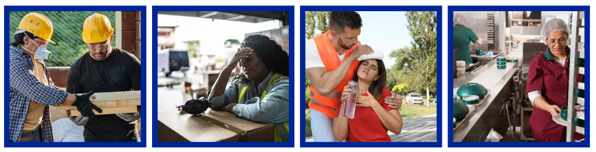 Left to right: construction workers, tired warehouse worker, outdoor workers, kitchen workers 