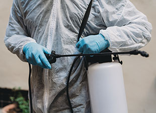 Worker in hasmat suit holding pesticide sprayer